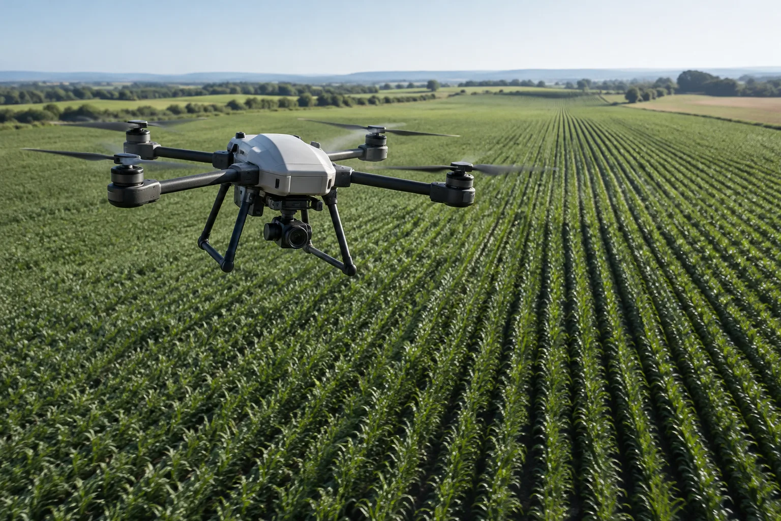 Drone flying over crop fields for precision agriculture
