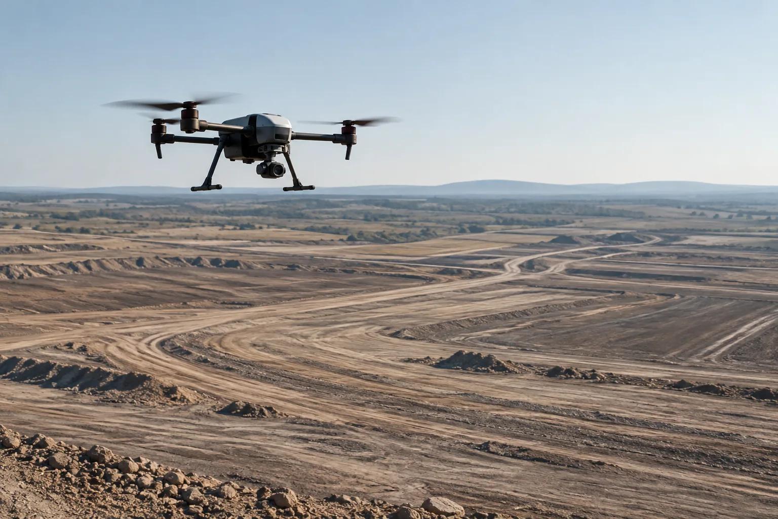 Survey drone scanning open terrain for mapping work